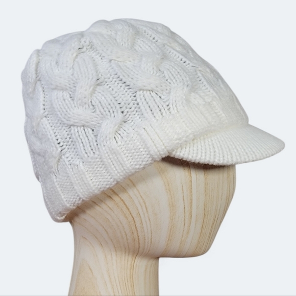 Adidas White Cable Knit Cap with Brim Fleece lined Winter Warm Cozy Women's OS - Picture 3 of 13
